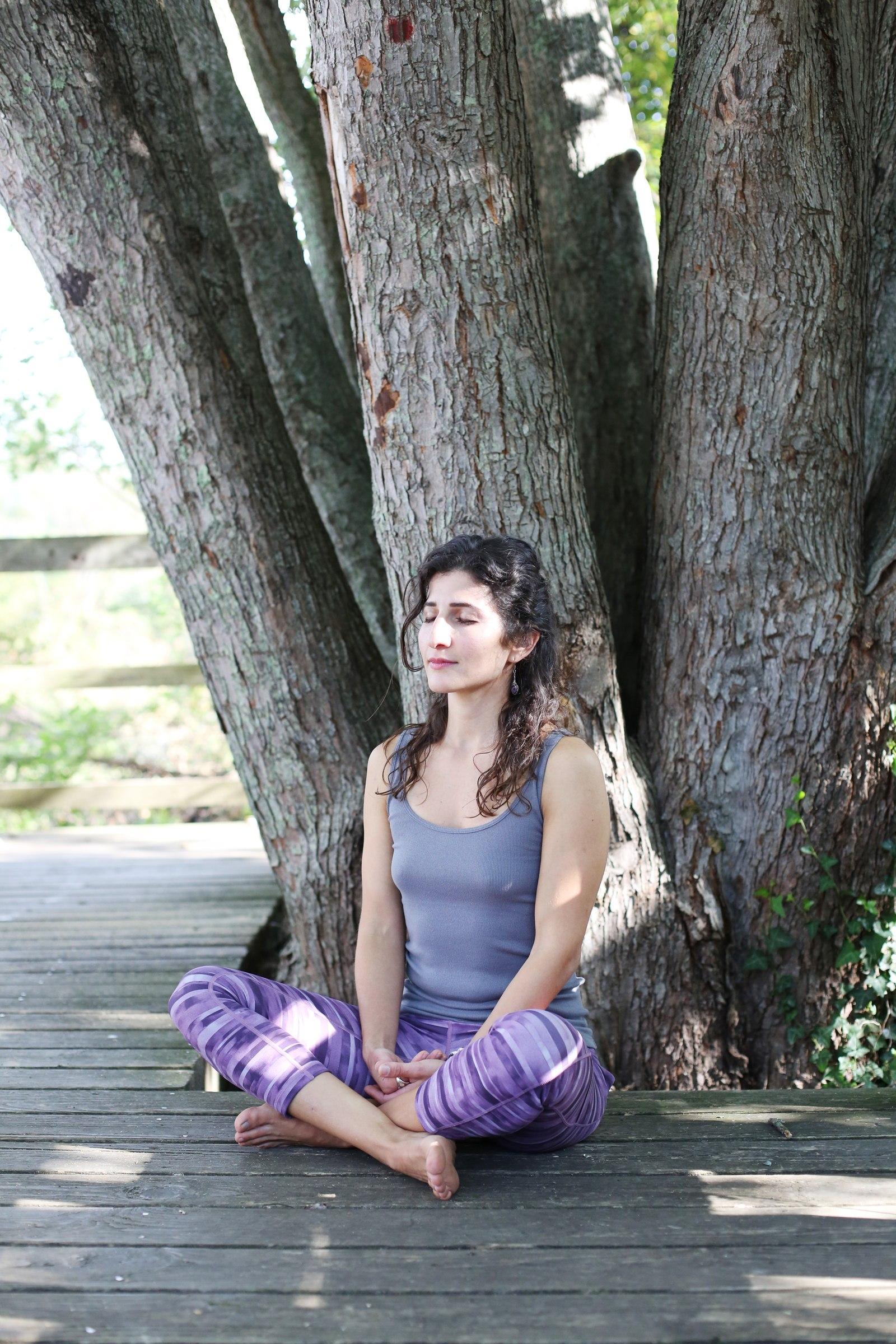 Maro seated in meditation, eyes closed, beneath a tree